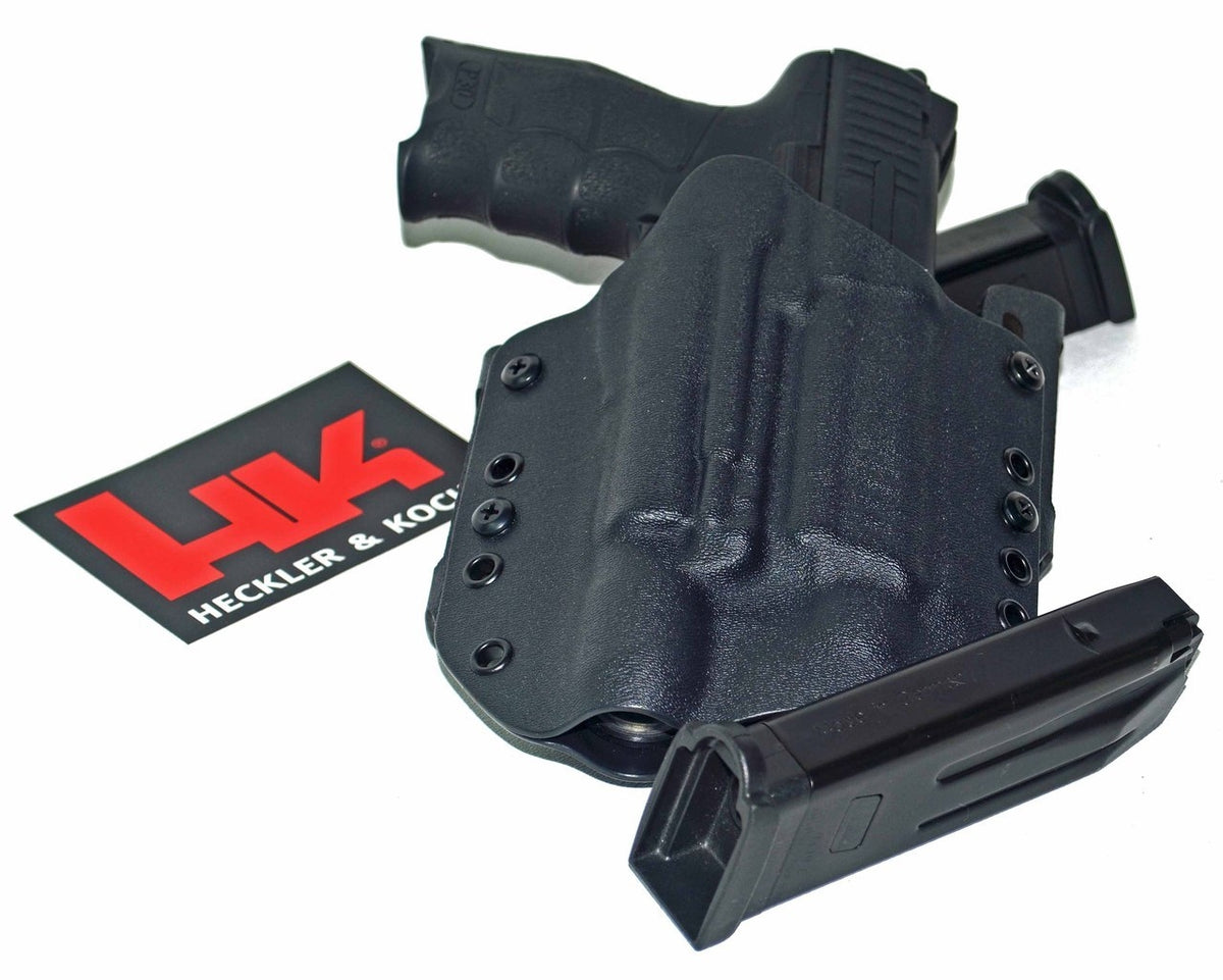 KCLOAK Pistolenholster Kydex ohne Thumb Break Straight Drop OWB zu Pistole HK SFP9 mit Surefire XC1 Gurt 52/44 mm schwarz rechtshand